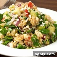A close view of Greek spinach and quinoa salad with chopped cucumber, tomato, red onion, feta, and fresh greens on a white plate.