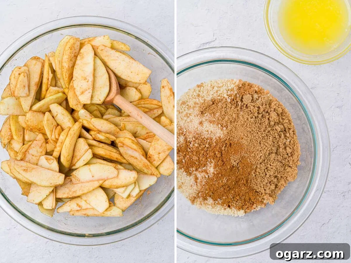 Golden Spiced Apple Bake 5 Two preparation photos for apple brown betty: a bowl of vibrant apple slices mixed with spices (left), and a separate bowl containing panko breadcrumbs, brown sugar, and spices (right).