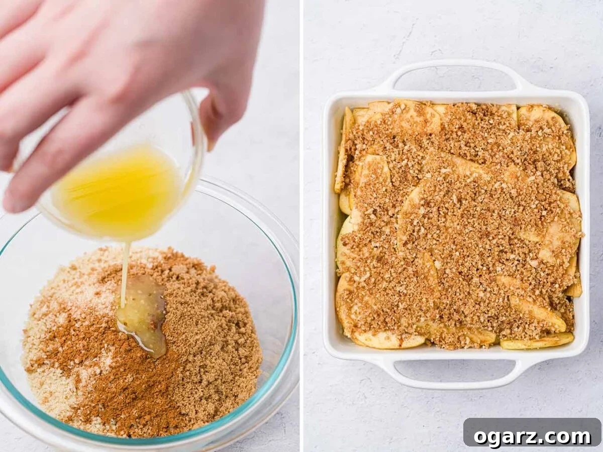 Golden Spiced Apple Bake 6 Two apple brown betty assembly photos: melted butter being poured into a bowl of panko, sugar, and spices (left); the assembled dessert dish topped with the prepared crumbs, ready for baking (right).