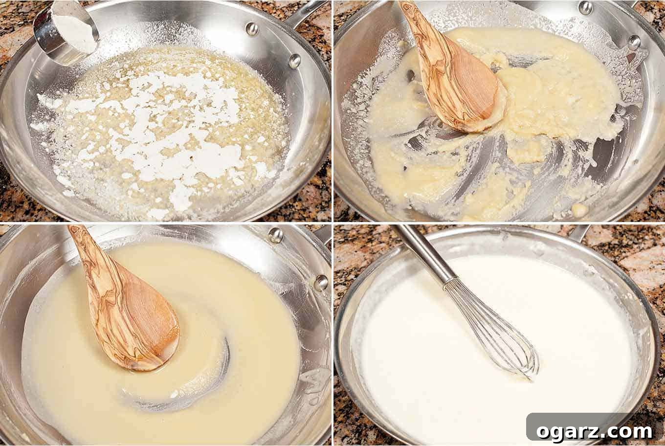 A collage of four photos illustrating the steps for making the bechamel sauce to make macaroni and cheese.