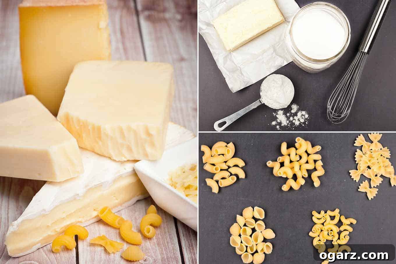 A photo collage of the basic ingredients for macaroni and cheese blocks of different cheeses, flour, butter, and five different cuts of pasta.