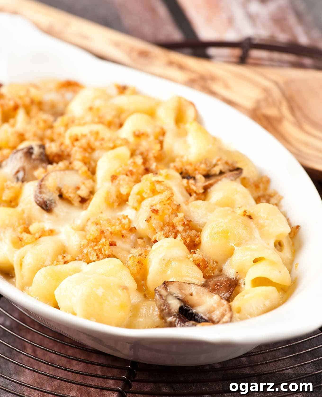 Decadent Truffle Macaroni Bake 3 Close-up of creamy Truffle Macaroni and Cheese