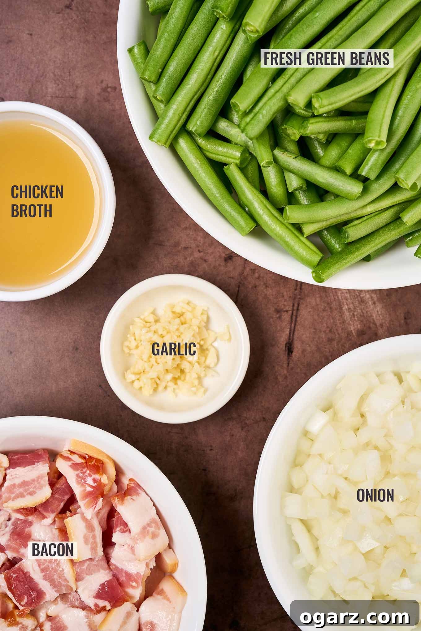 A labeled, overhead view of the ingredients needed for Southern style green beans including fresh green beans, bacon, garlic, onion, and chicken broth.
