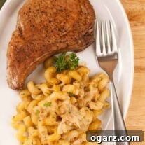 A pan-seared pork rib chop beautifully presented on a plate next to creamy cavatappi pasta, garnished with fresh herbs.