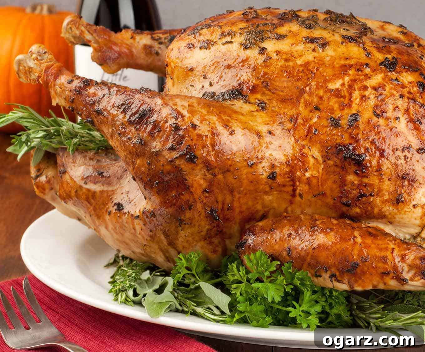 Golden Herb Turkey with a Mayonnaise Glaze 2 A platter with a golden brown, mayonnaise and herb roasted turkey and fresh herb garnish, a bottle of wine and a pumpkin in the background.