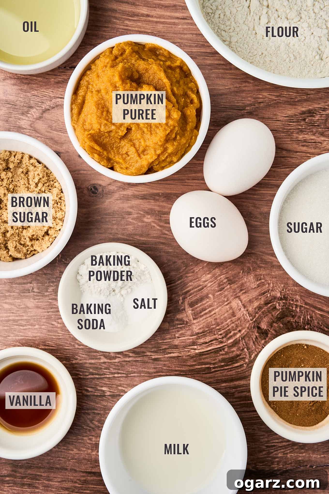 A labeled, overhead view of pumpkin spice muffin ingredients; including pumpkin puree, flour, eggs, brown sugar, granulated sugar, pumpkin pie spice, milk, vanilla extract, and vegetable oil.