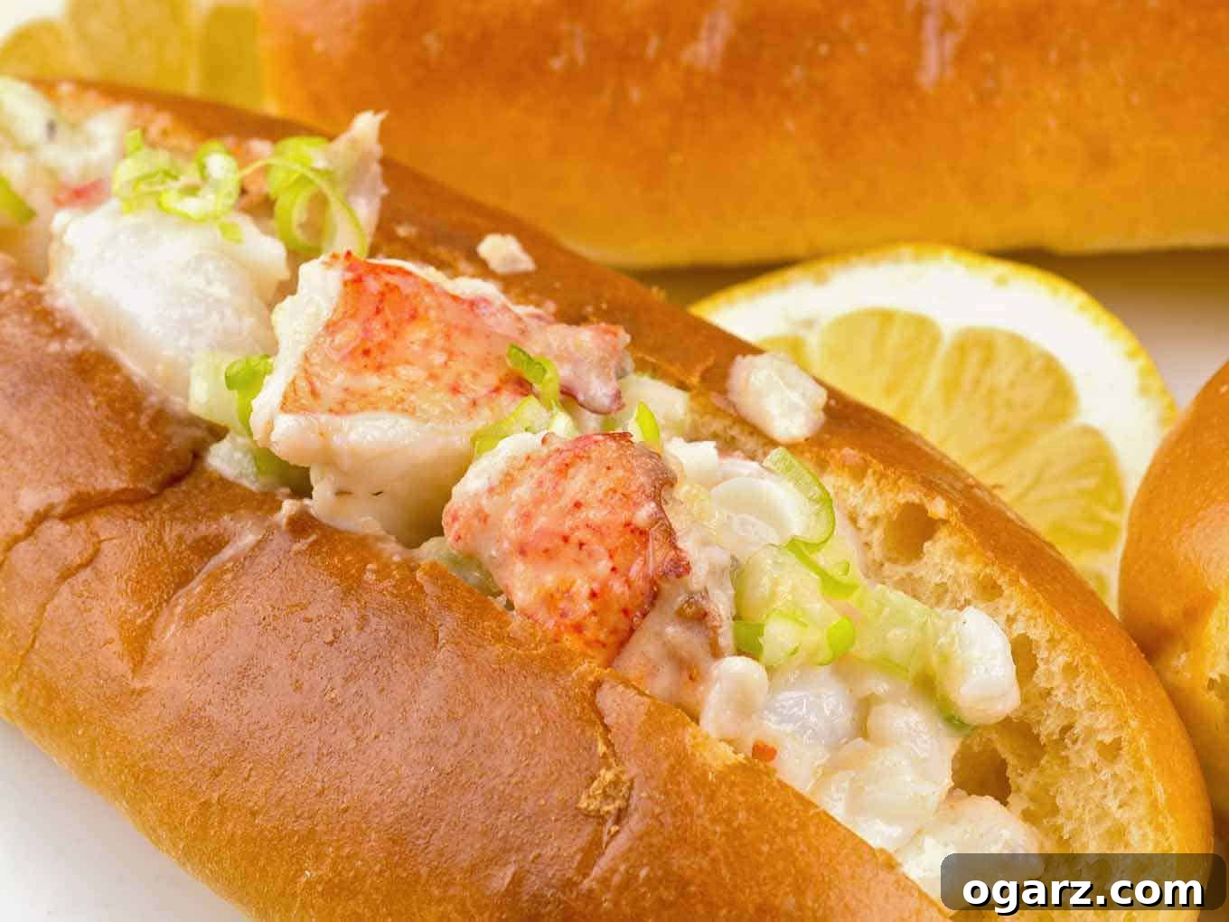 Seaside Perfection: New England Lobster Rolls 3 A close up of a single New England lobster roll, garnished with a lemon wedge.