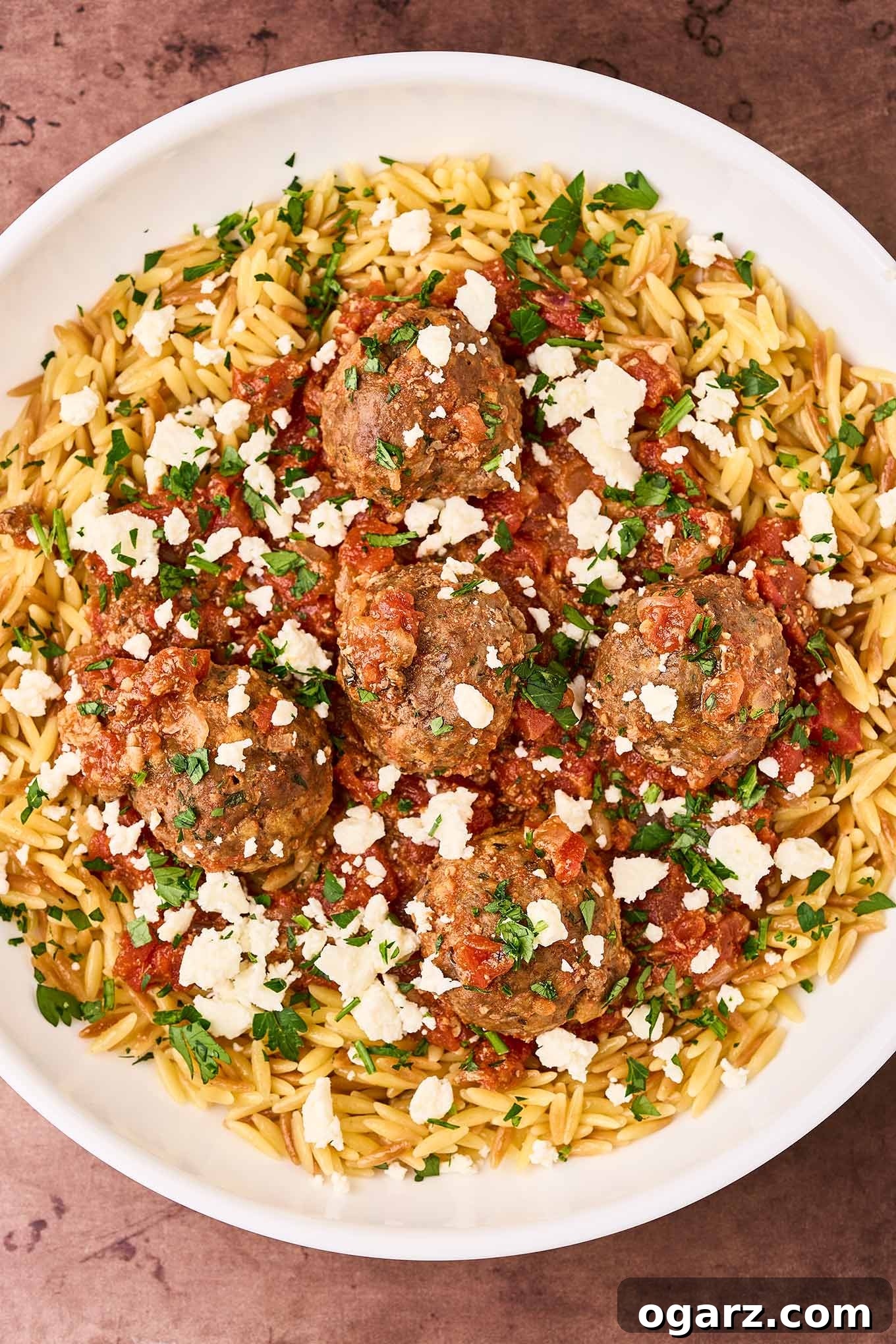 Soutzoukakia: Flavorful Greek Meatballs in Rich Tomato Sauce 13 A plated serving of Greek meatballs in tomato sauce; toasted orzo on the bottom, topped with meatballs, sauce spooned over the top, and a sprinkling of feta cheese and chopped parsley.
