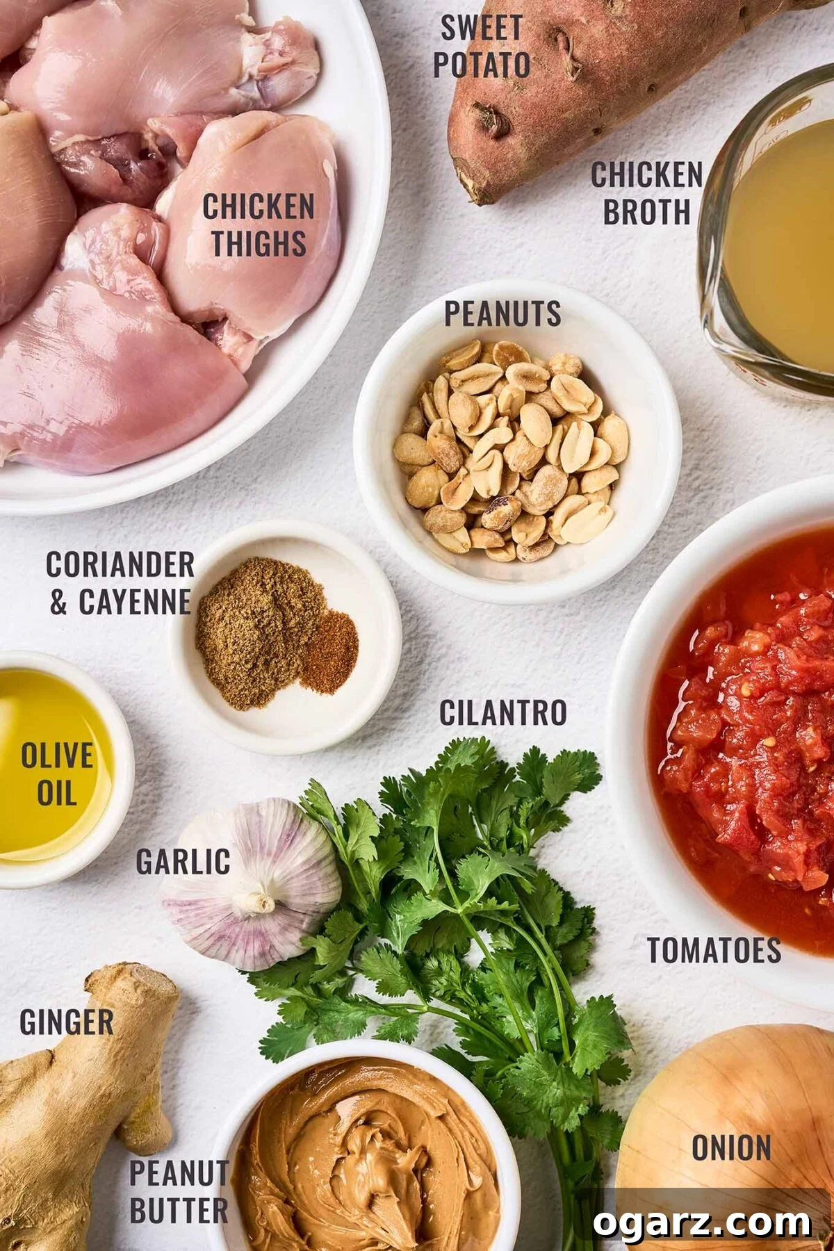 A labeled, overhead view of the ingredients needed for African peanut chicken stew; boneless chicken thighs, sweet potato, peanuts, peanut butter, tomatoes, onion, garlic, ginger, and cilantro.