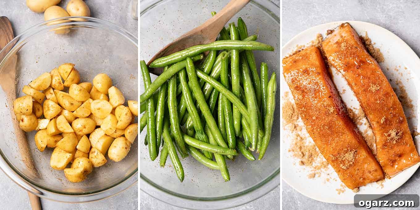 Fırından Tek Tepsi Lezzeti: Somon, Patates ve Taze Fasulye 3 A three photo collage of baby potatoes, green beans, and salmon fillets ready for roasting for a sheet pan salmon dinner.