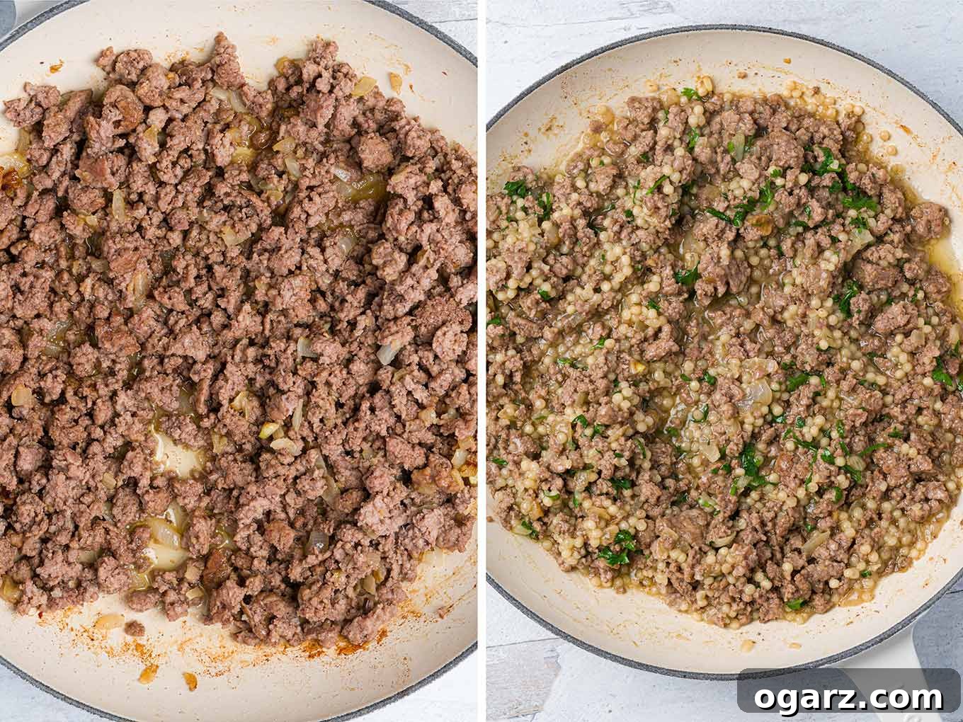 Greek Yemista 5 Side-by-side photos of Greek stuffed pepper preparation, sautéeing ground lamb on the left and simmering it in broth with couscous and parsley on the right.