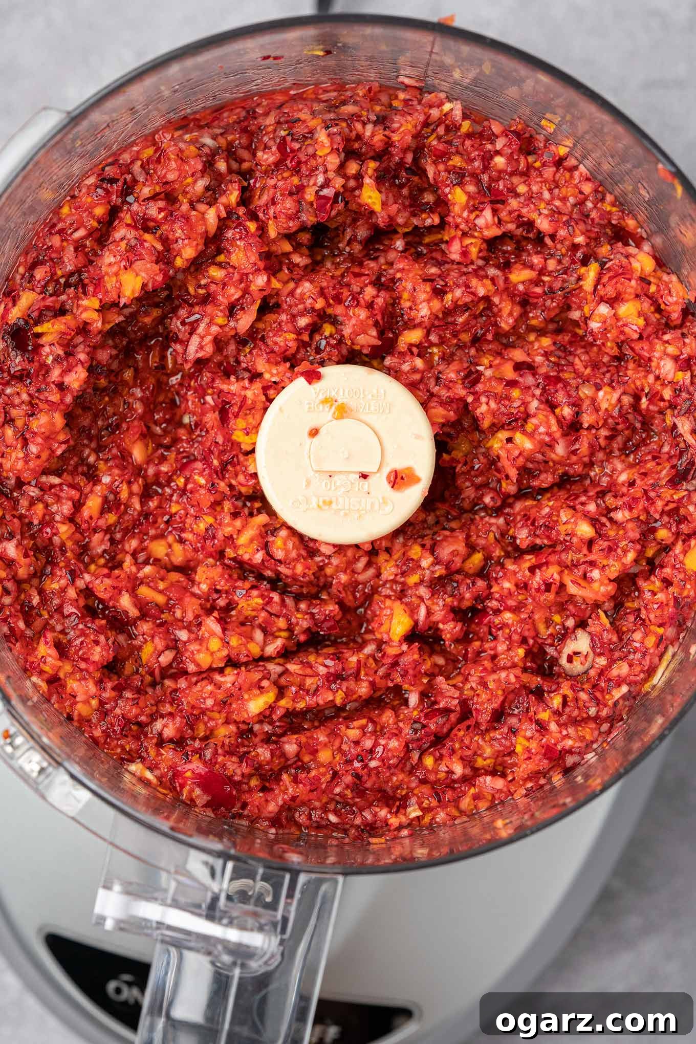 Effortless Cranberry Orange Zing 4 The work bowl of a food processor filled with fresh cranberries, a whole orange, and sugar that have been processed to a proper relish consistency.