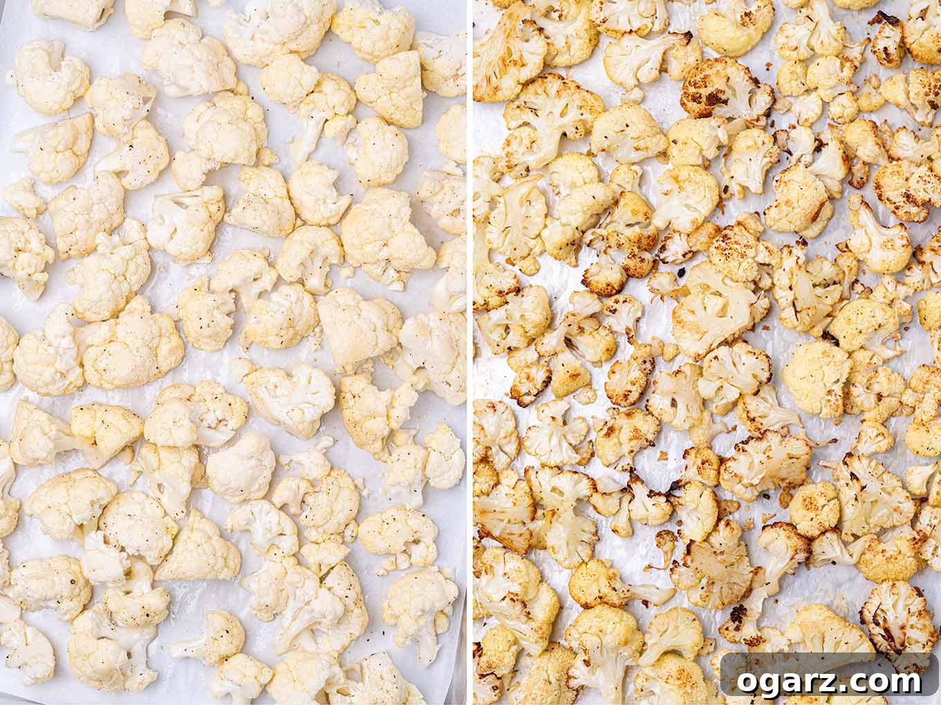 Golden Roasted Cauliflower 4 Side by side photos of cauliflower florets on a sheet pan, before and after roasting.