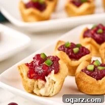 A close up of cranberry brie bites topped with diced jalapeno pepper, one with a bite out it showing the melted brie and cranberry jam topping.
