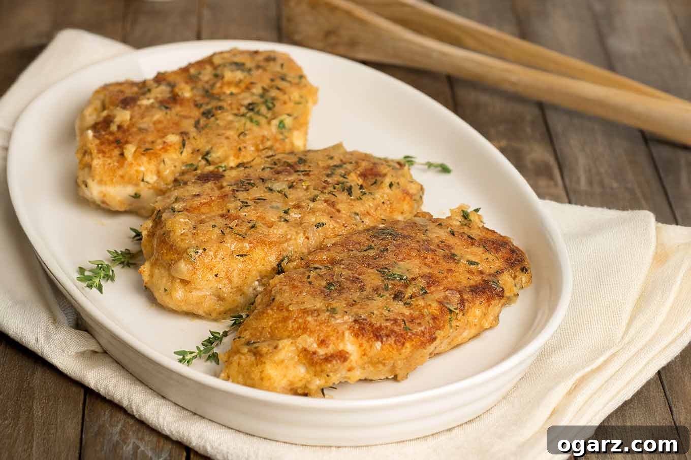 Golden Crispy Chicken Cutlets 3 Three breaded chicken cutlets on a serving plate, topped with shallot, honey, and thyme pan sauce, a pair of wooden tongs in the background.