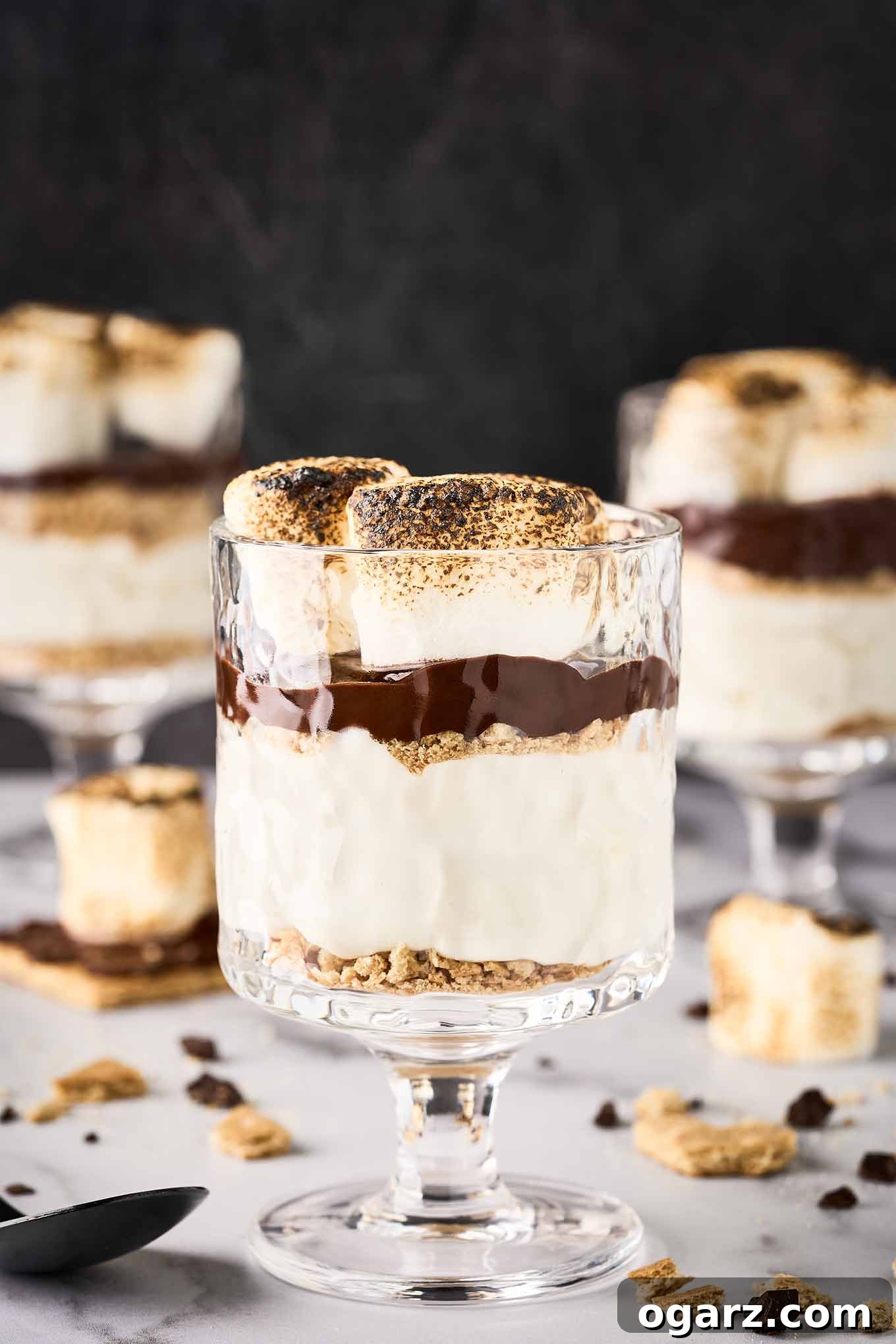 S'mores Parfaits 2 A s'mores cheesecake parfait in a clear glass surrounded by more parfaits, extra toasted marshmallows, bits of graham cracker crumbs, and chunks of chocolate.