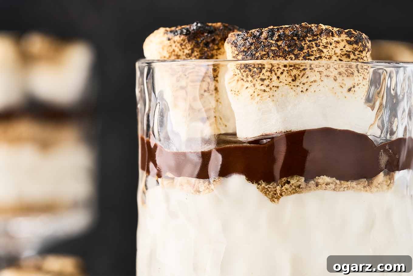 S'mores Parfaits 6 A close, side view of the top of a s'mores cheesecake parfait showing the layers - cheesecake, graham cracker crumbs, chocolate ganache, and toasted marshmallows.