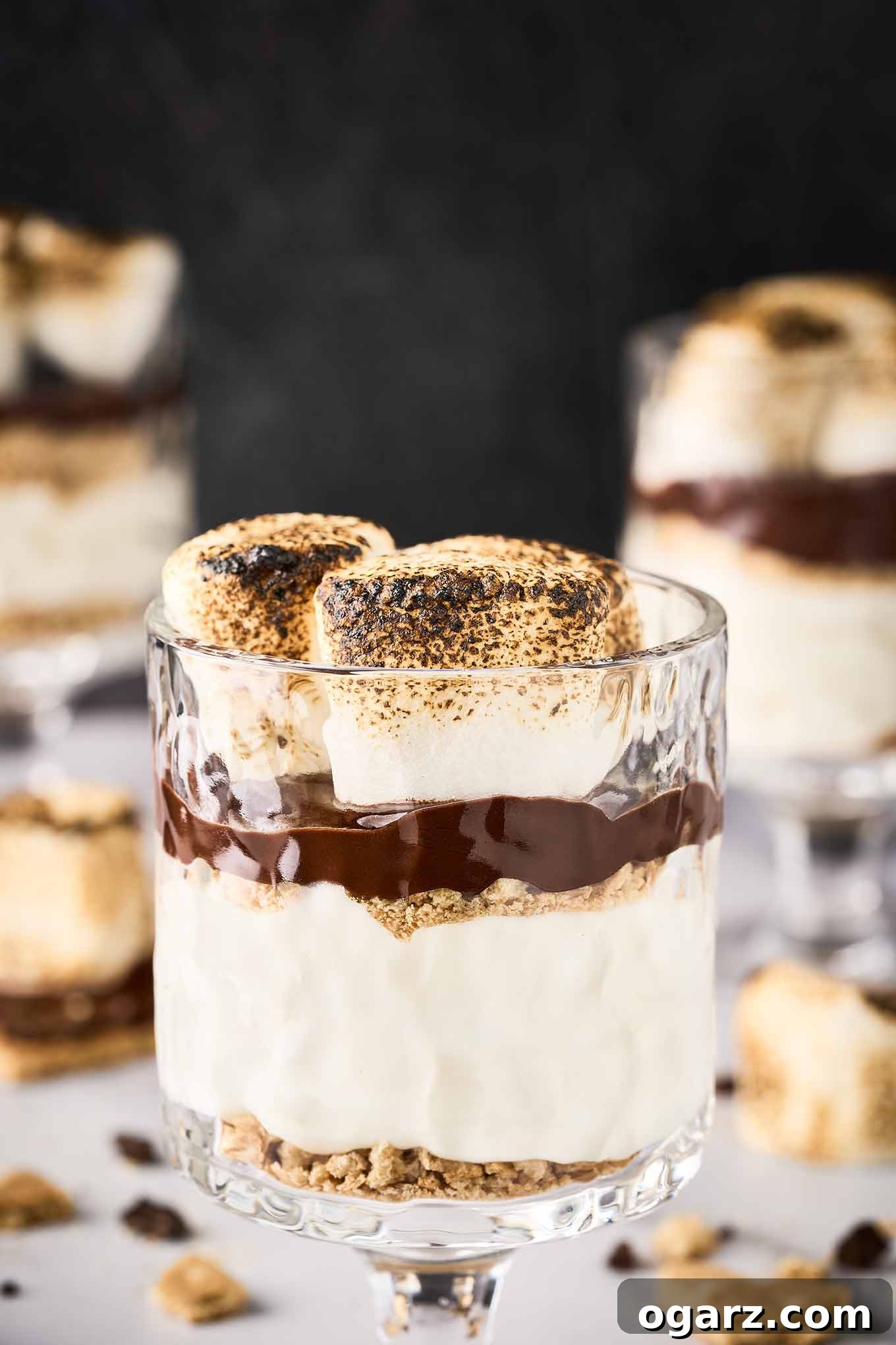 S'mores Parfaits 7 A footed, clear dessert glass filled with s'mores cheesecake parfait with layers of cheesecake filling, graham cracker crumbs, chocolate ganache, and toasted marshmallows.