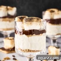 A s'mores cheesecake parfait in a clear glass surrounded by more parfaits, extra toasted marshmallows, bits of graham cracker crumbs, and chunks of chocolate.