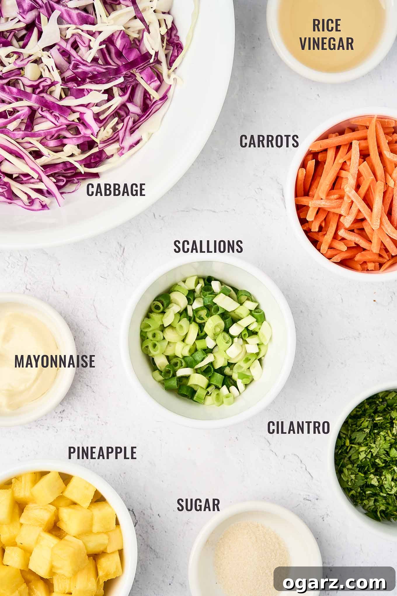 A labeled, overhead view of the ingredients for pineapple slaw; shredded cabbage, shredded carrots, scallions, cilantro, pineapple cubes, sugar, mayo, and rice vinegar.