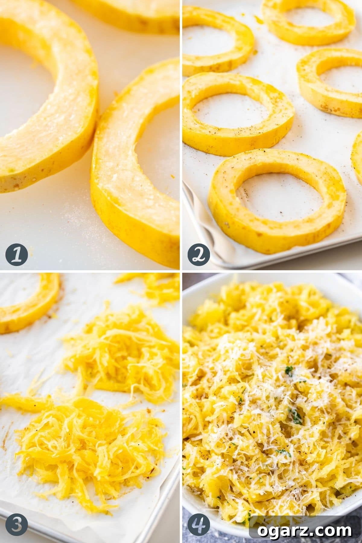 Perfectly Roasted Spaghetti Squash 3 A visual guide showing each step of preparing oven roasted spaghetti squash, from cutting to roasting.