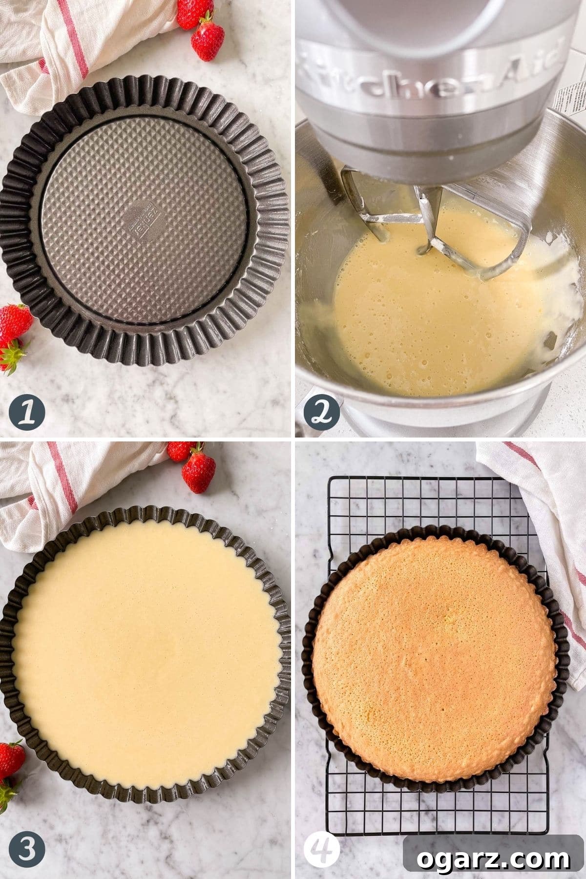 German Strawberry Kuchen 4 A visual collage illustrating the first steps of baking a sponge cake: greasing a tart pan, mixing wet and dry ingredients in a stand mixer, and pouring the batter into the prepared pan.