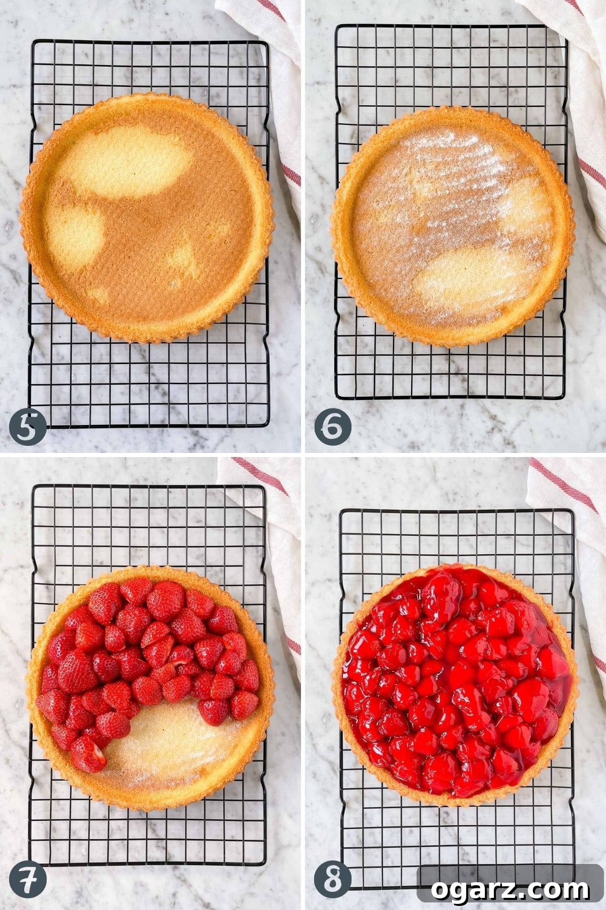 German Strawberry Kuchen 5 A series of images showing the assembly of a German Strawberry Cake: sprinkling stabilizer, arranging sliced strawberries on the cake base, and spooning red glaze over the fruit.