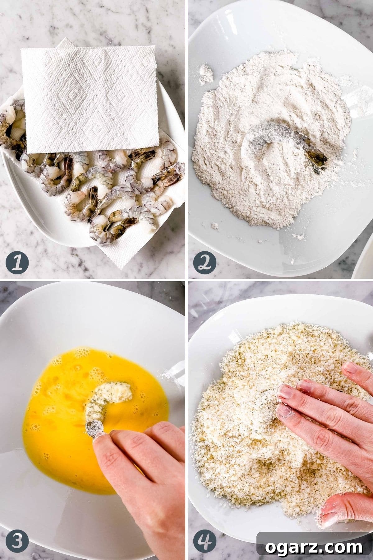 Crispy Golden Air Fryer Coconut Shrimp 4 A visual guide showing the step-by-step breading process for Air Fryer Coconut Shrimp: flour, egg, then coconut-panko mixture.