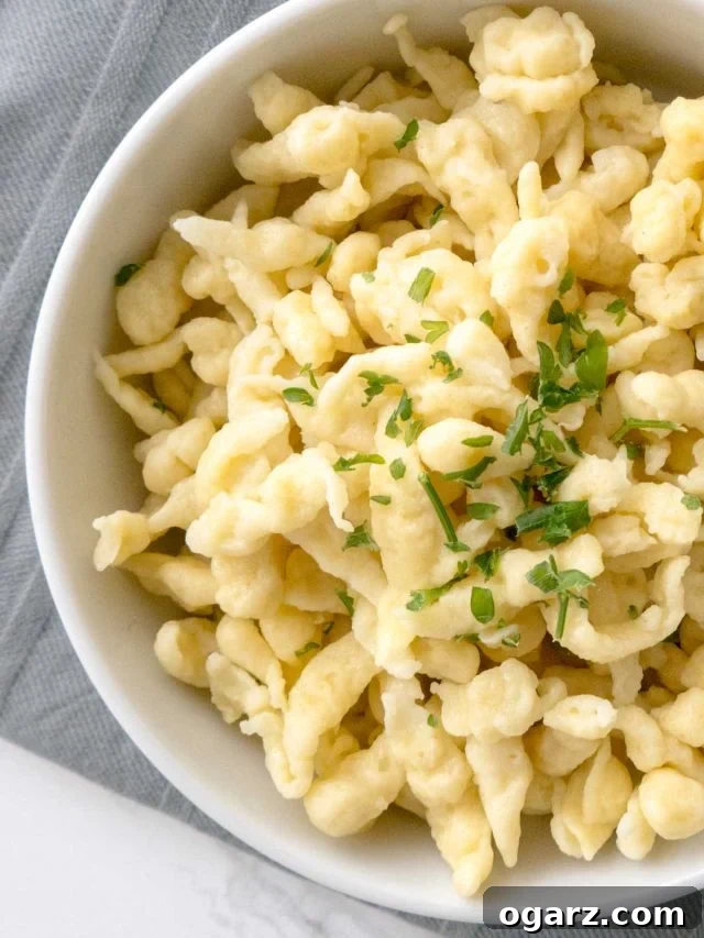 Effortless Homemade German Spaetzle 4 Close-up of a white bowl of spaetzle garnished with parsley on a grey dishtowel.