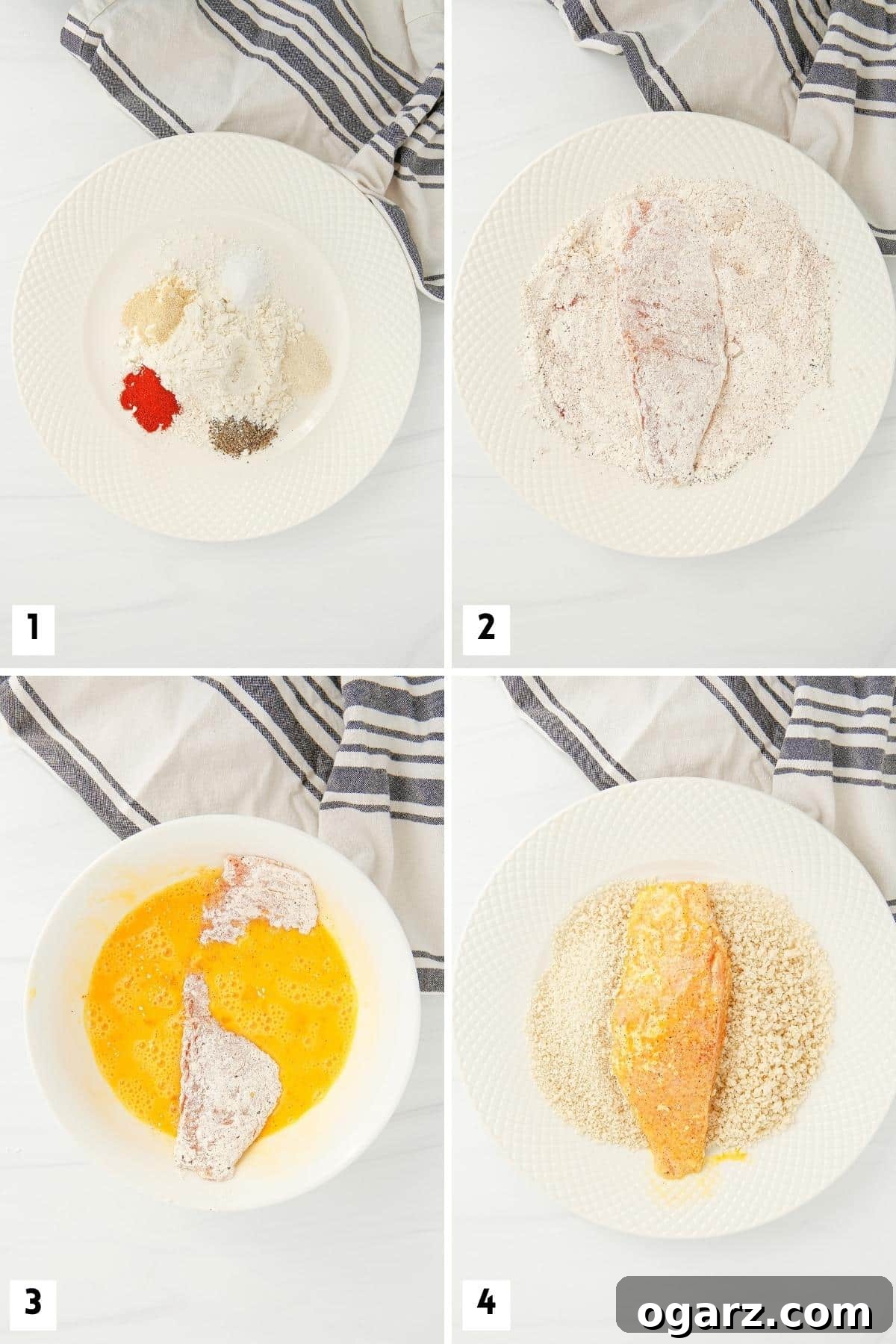 Golden Crispy Air Fryer Fish 4 steps for making breaded fish in the air fryer.