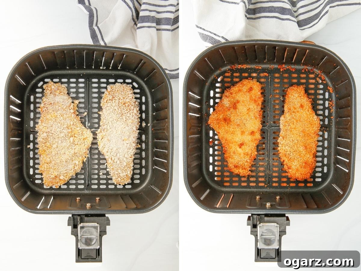 Golden Crispy Air Fryer Fish 5 Collage of top down shots. Left: uncooked breaded fish filets in an air fryer basket, right: fried and golden brown breaded fish fillets.