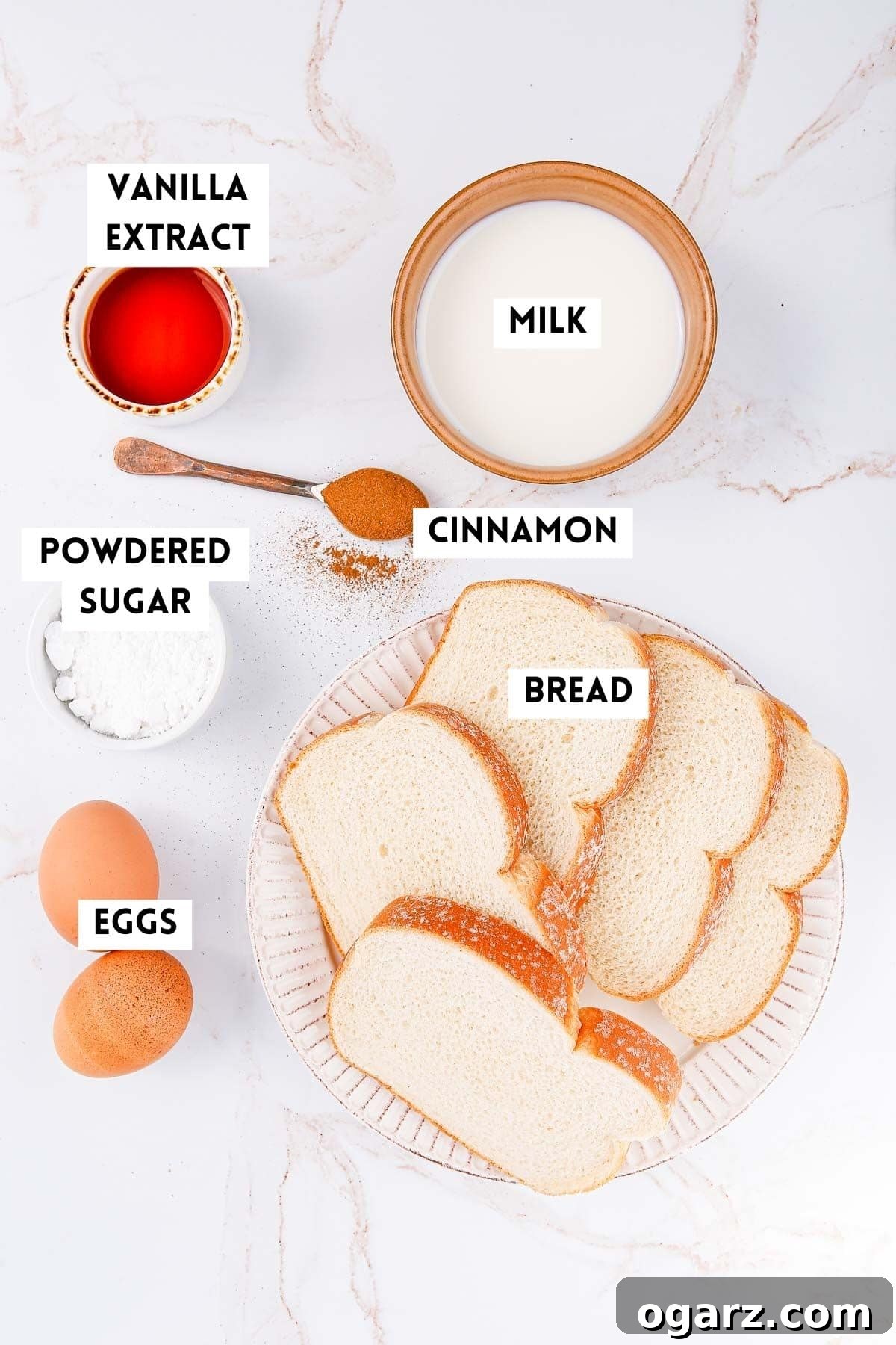 Ingredients for making air fryer French toast laid out on a kitchen counter.