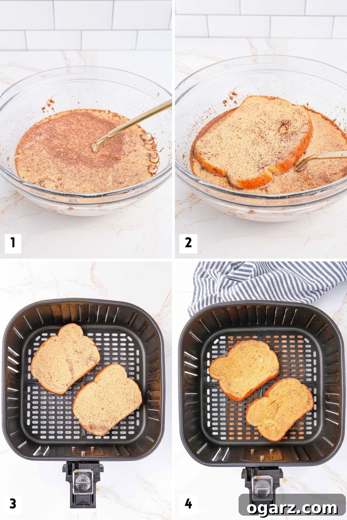 Step-by-step images showing the process of making French toast in an air fryer.