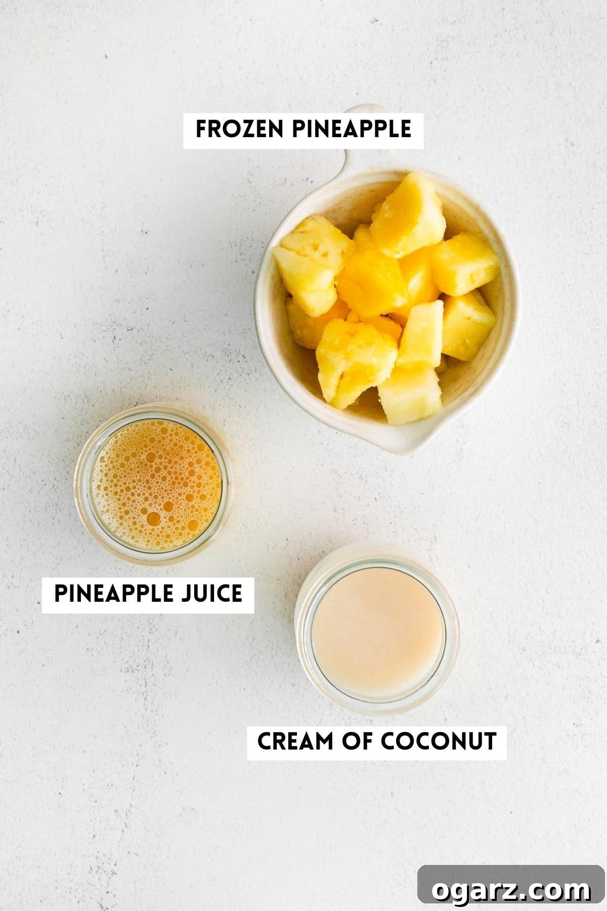 Pina Colada Mocktail 3 Ingredients for making a virgin pina colada.