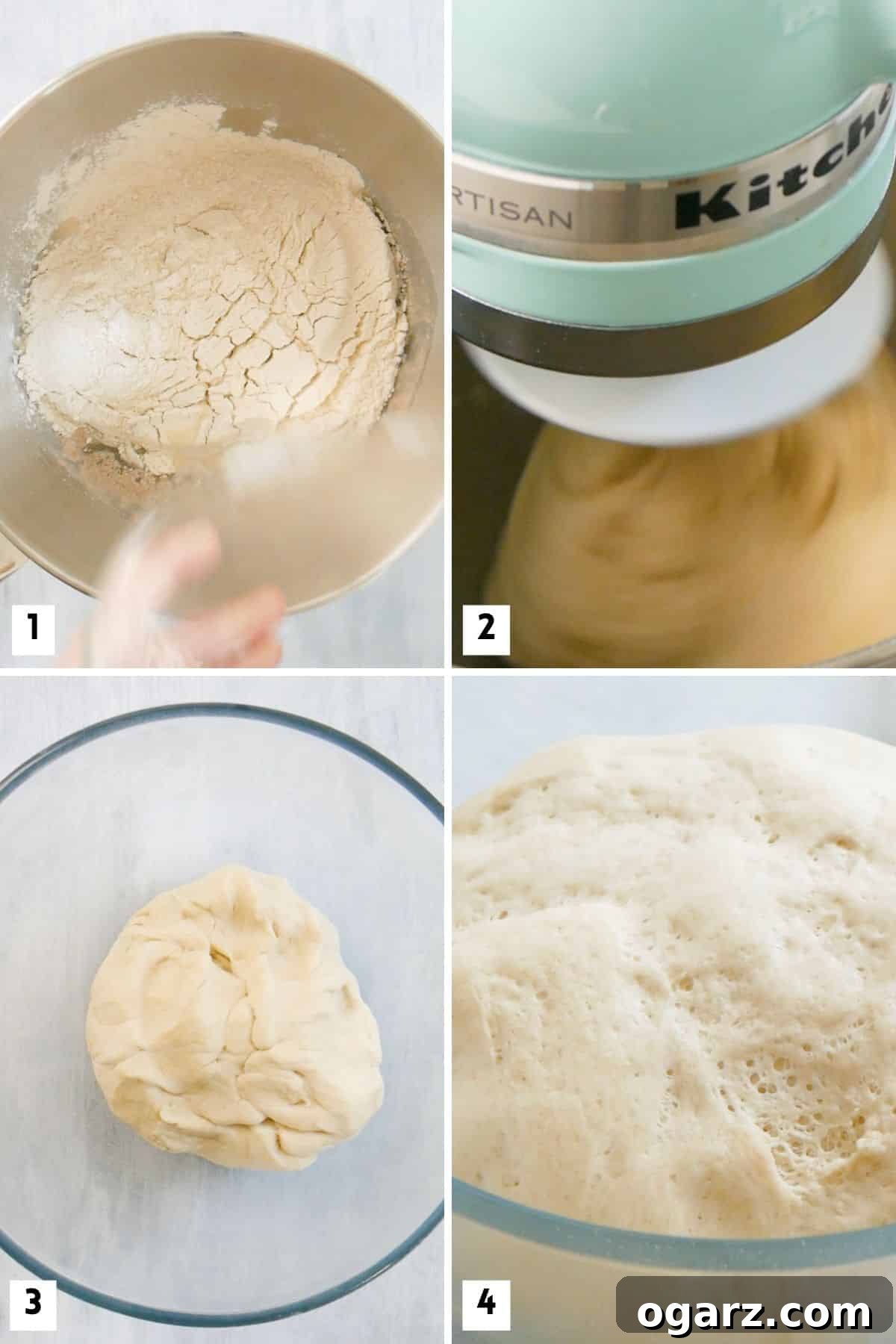 Sweet Easter Bunny Delights 4 A visual guide showing a sequence of steps for creating bunny-shaped rolls from dough, including mixing, kneading, rising, shaping, and preparing for baking.