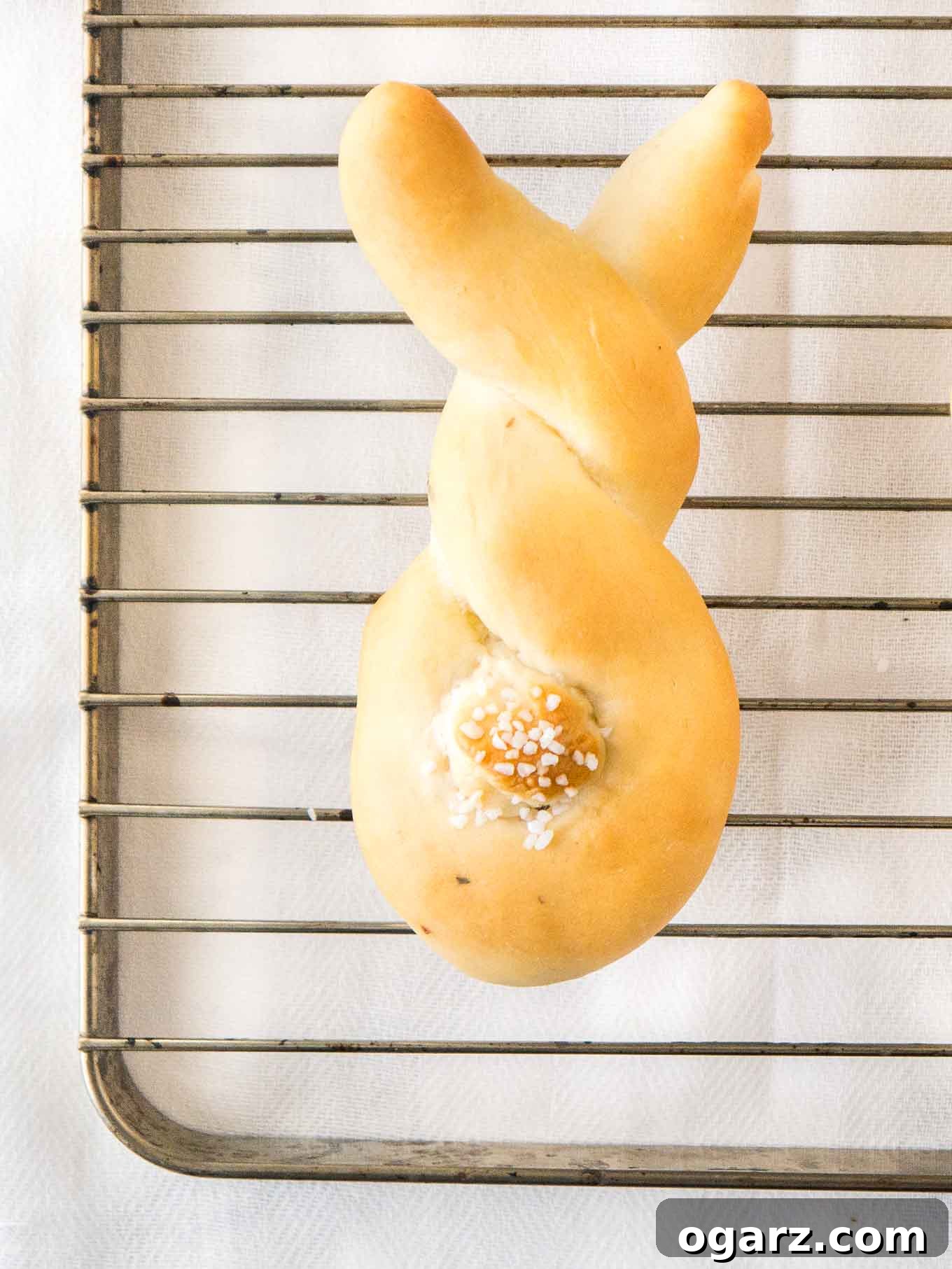 Sweet Easter Bunny Delights 6 Freshly baked, golden-brown bunny-shaped bread rolls with distinct tails, cooling on a stainless steel wire rack.