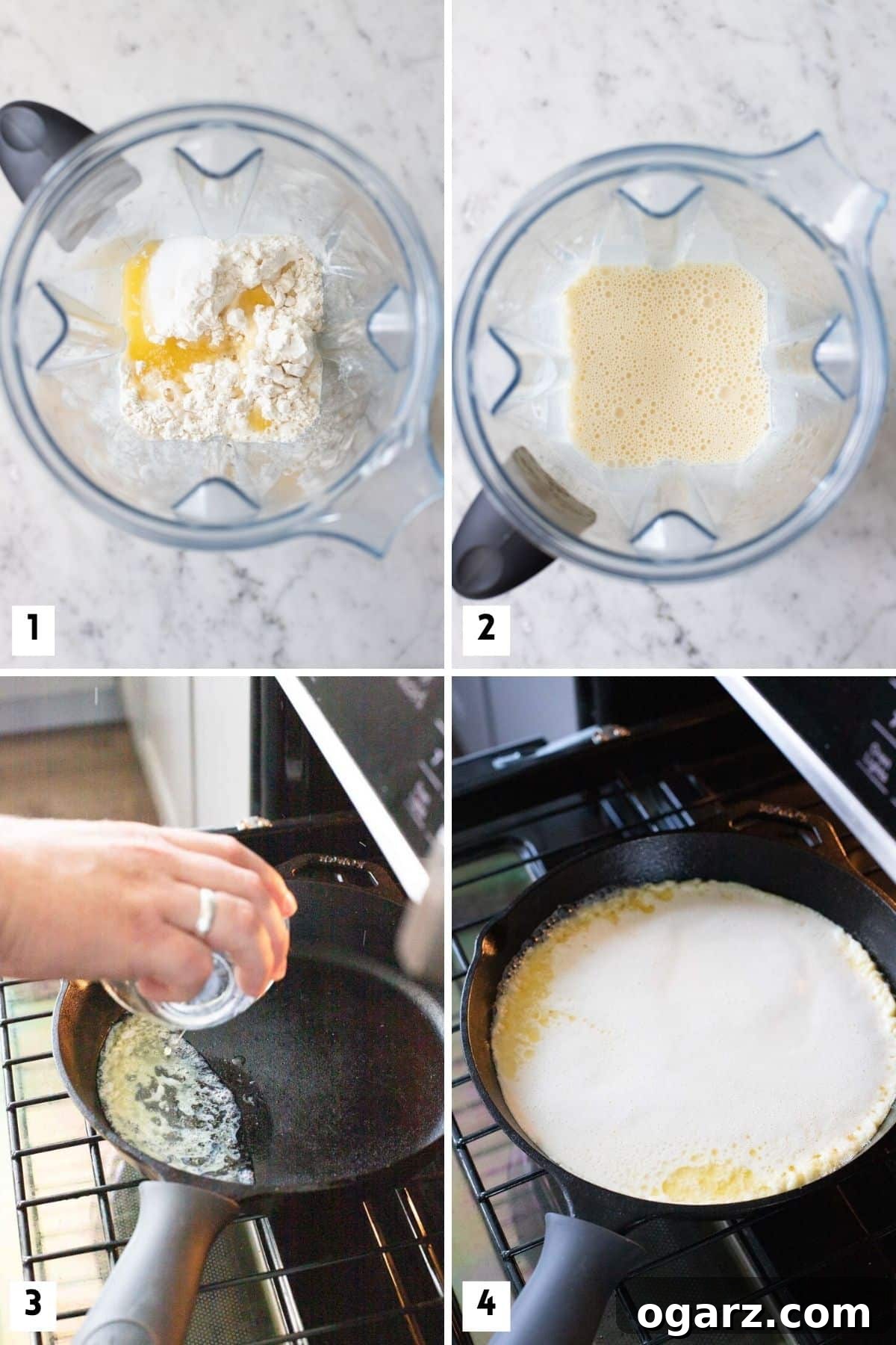 Spectacular Oven-Baked Pancake 4 A visual guide showing the preparation steps for making a delicious Dutch Baby Pancake.