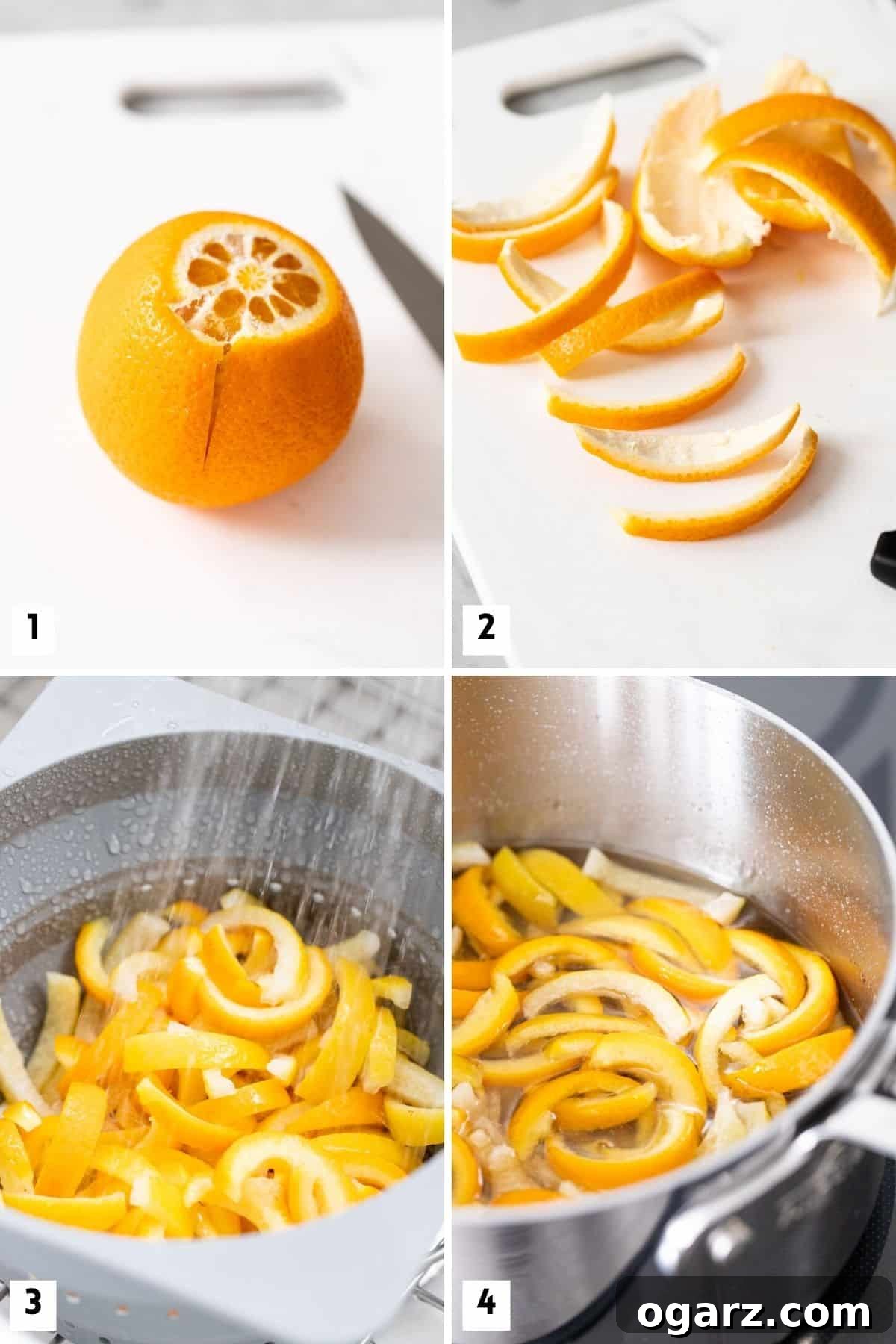 Golden Orange Gems 4 Steps for preparing and boiling candied peel.