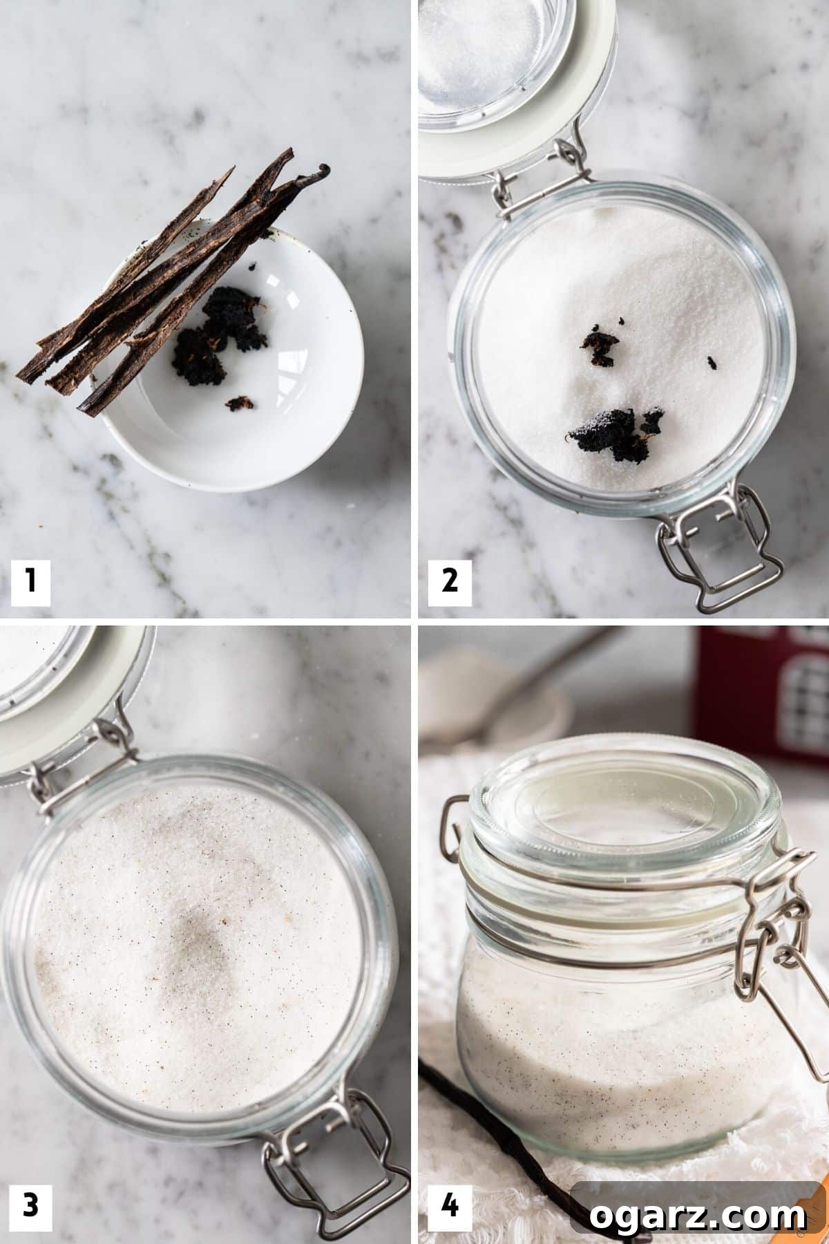 Steps for making vanilla sugar.
