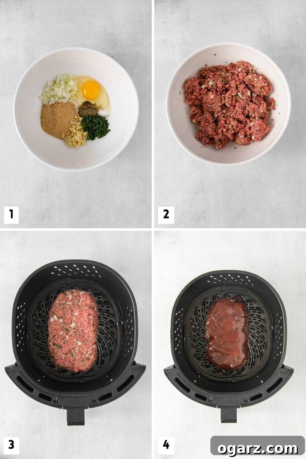 Four sequential images showing the steps for making meatloaf in an Air Fryer, from mixing ingredients to placing it in the basket.