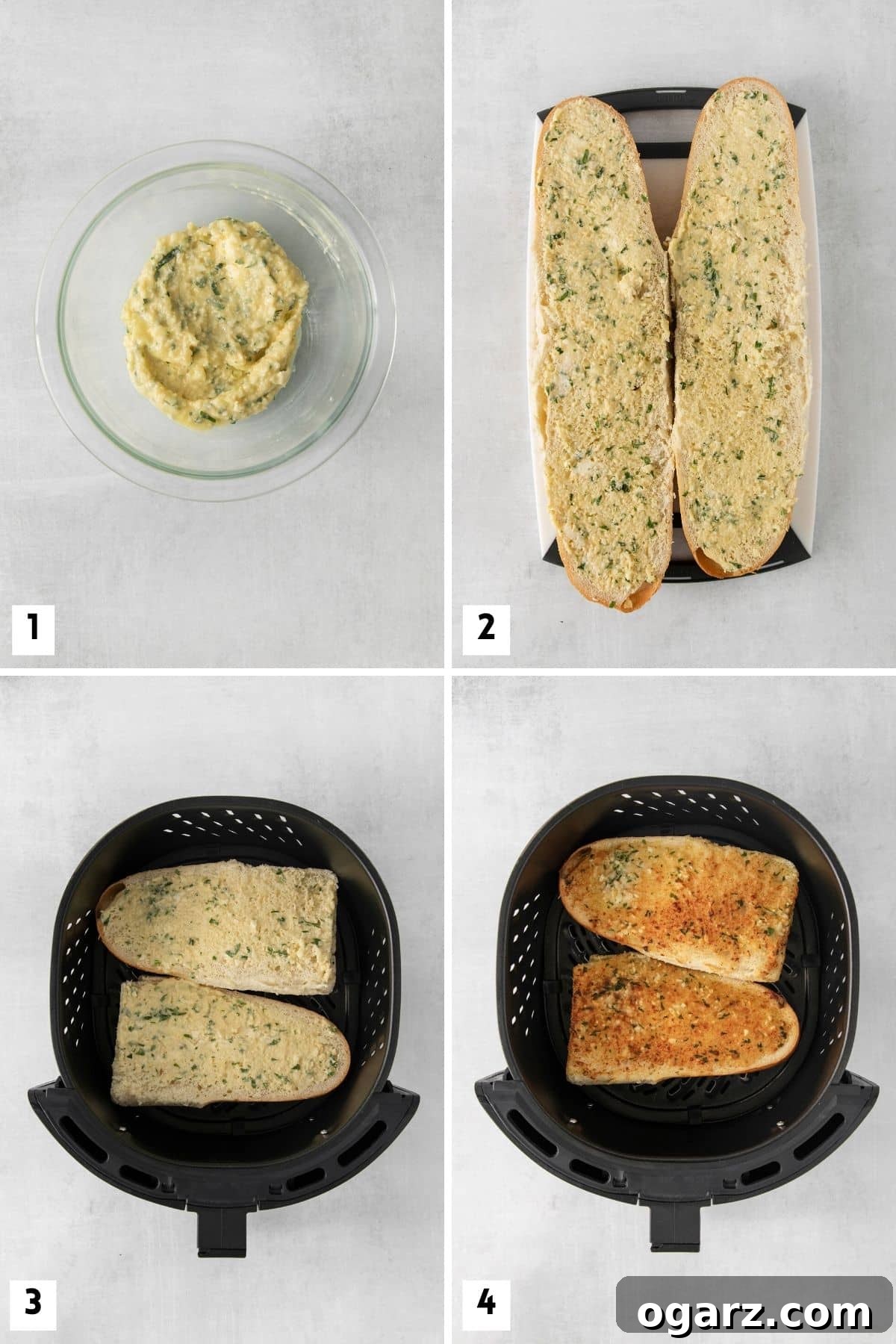 Air-Fried Garlic Bread Perfection 4 Four step-by-step images demonstrating how to prepare garlic bread for the Air Fryer, from slicing bread to spreading garlic butter.