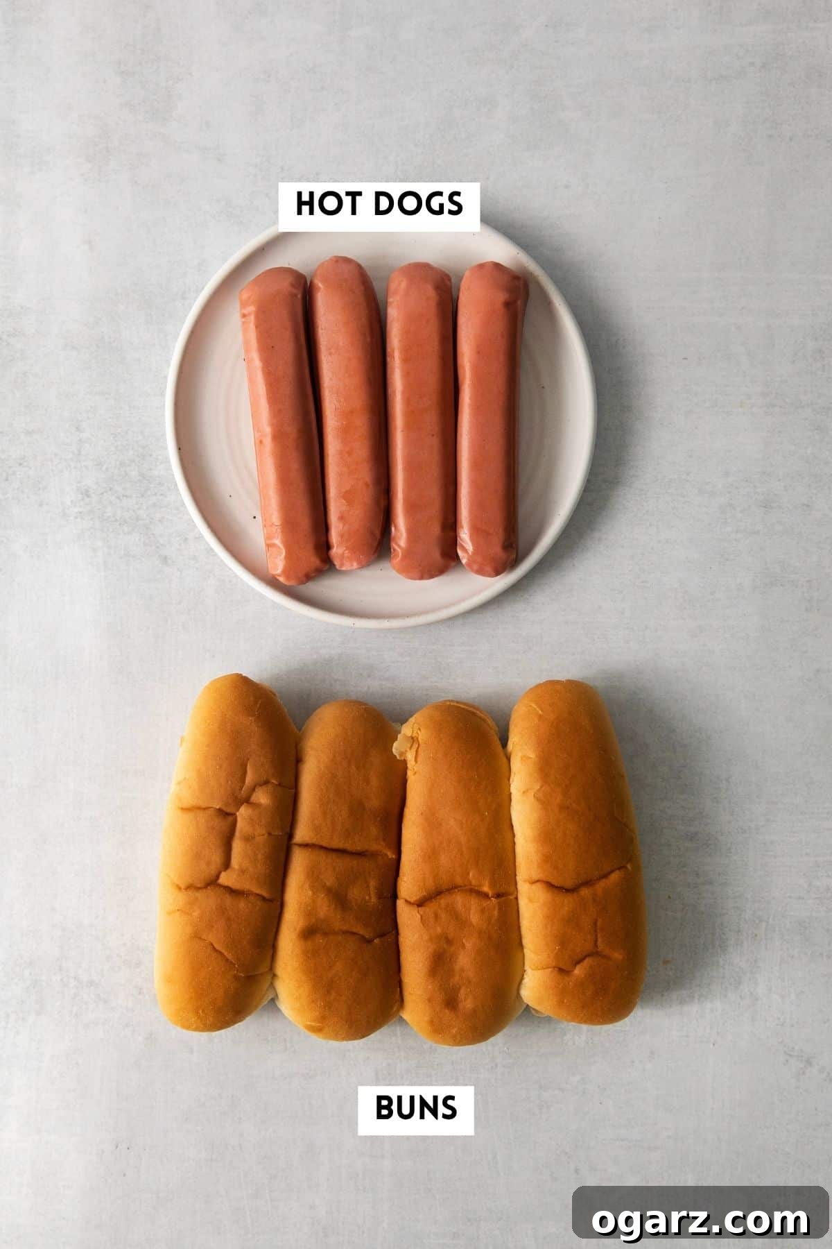 Golden Crispy Air Fryer Hot Dogs 3 Ingredients needed for making Air Fryer hot dogs, including hot dogs, buns, and various condiments.