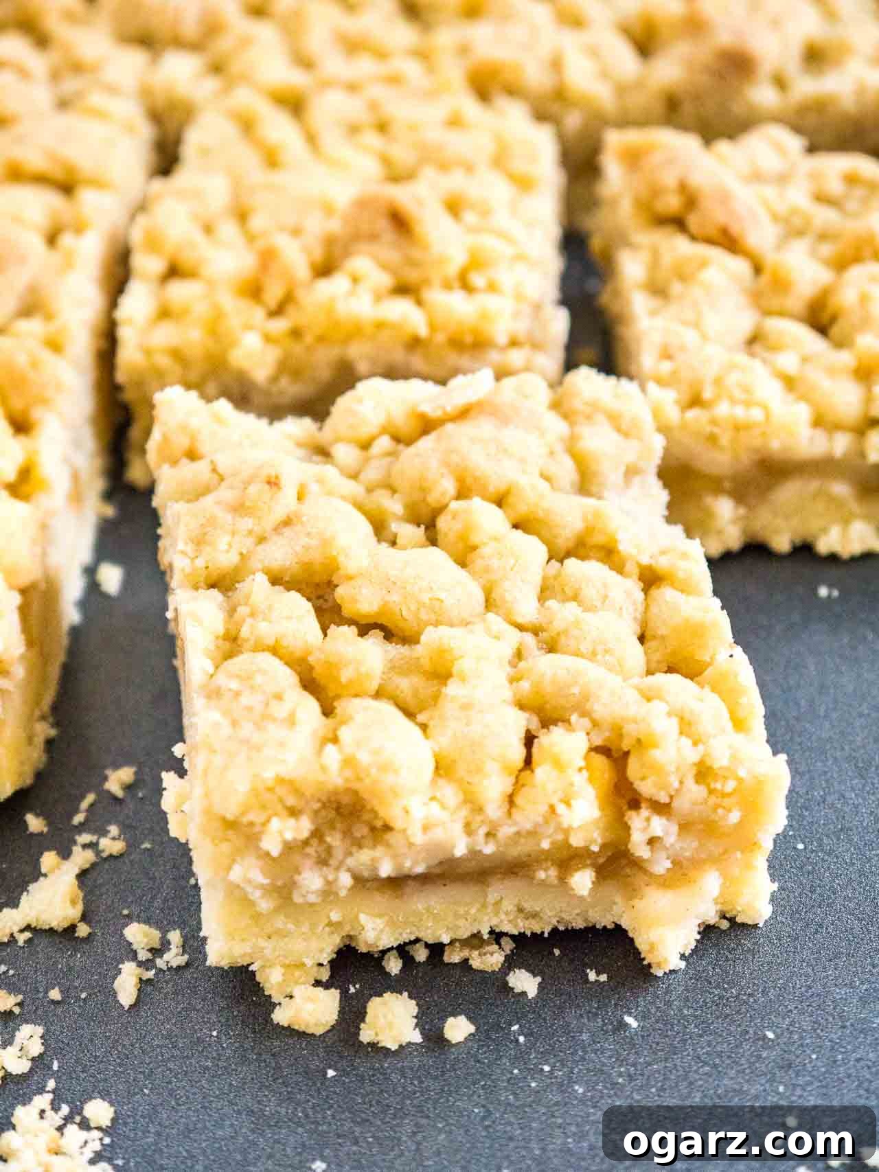 Close-up of several pieces of golden-brown Apple Streusel Sheet Cake on a dark grey baking sheet, highlighting the rich texture of the streusel and apple filling.