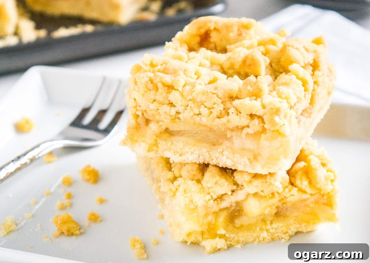 Two enticing pieces of German Apple Streusel Sheet Cake, perfectly stacked on parchment paper, ready to be enjoyed with a fork nearby. A baking sheet in the background hints at its origin.
