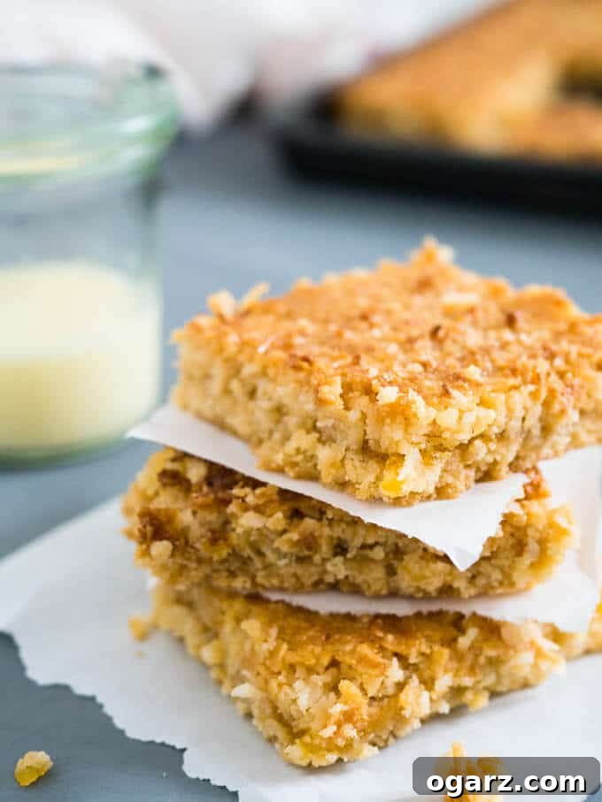 Two images side-by-side showing the layered Tropical Coconut Squares, highlighting the golden caramelization on top.