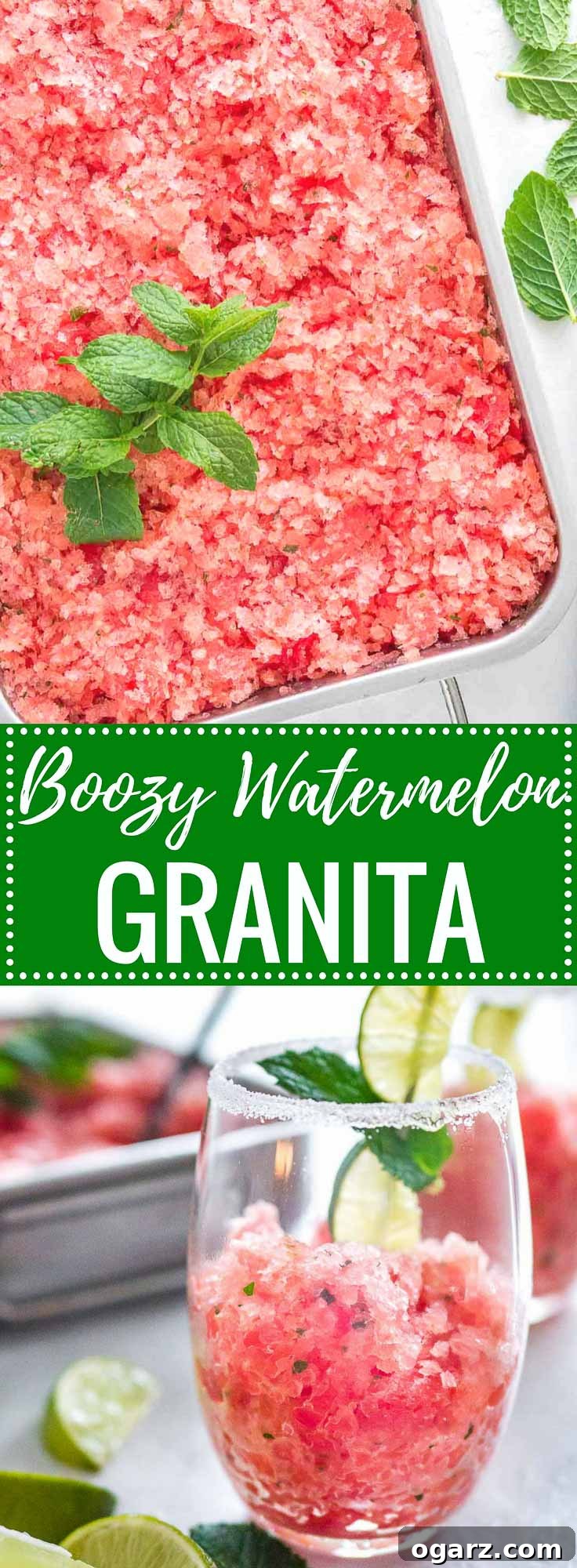 Slushy Watermelon Delight 7 Two images with text: Boozy watermelon granita, top: A stainless steel baking pan of pink watermelon granita garnished with mint. Bottom: A sugar-rimmed glass with granita.