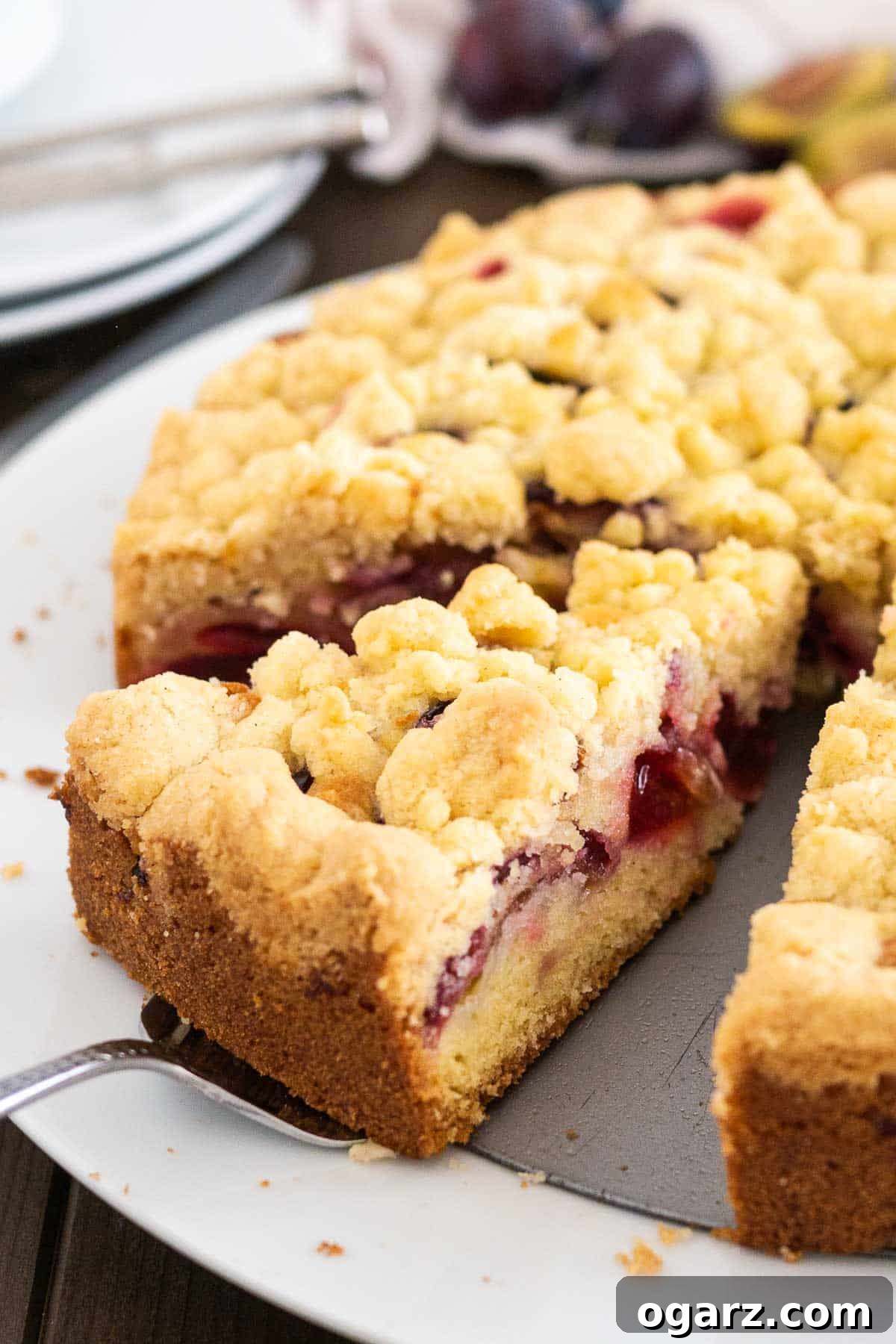A plum cake with streusel on a springform bottom on a white plate. A cake server is lifting out a slice.