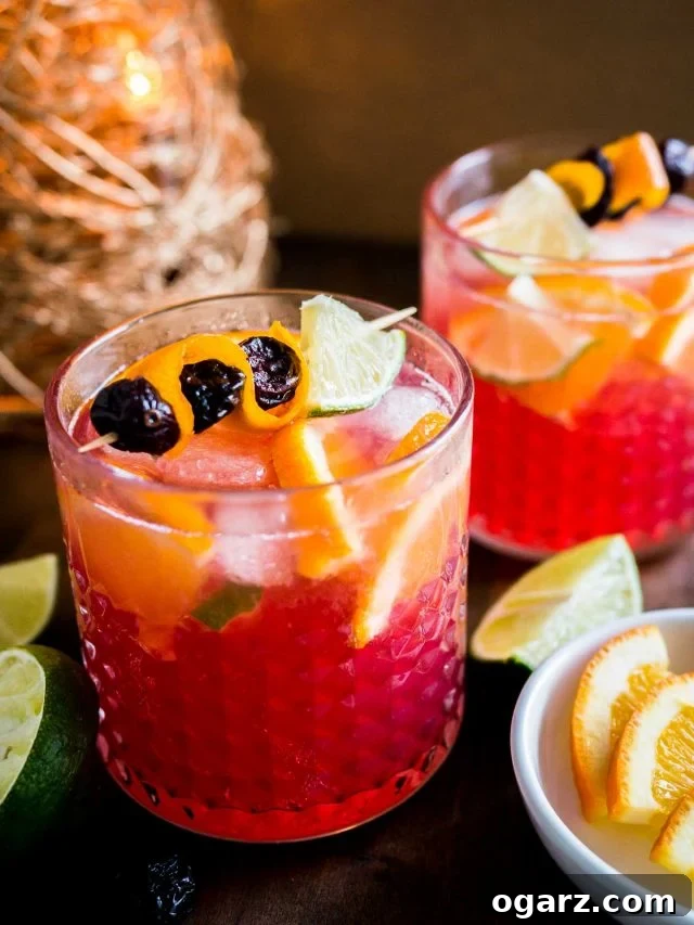 This Orange Cranberry Moscow Mule is the perfect holiday drink! A festive spin on a traditional cocktail made with cranberry juice, fresh oranges, and lime. Meyve şişleriyle süslenmiş iki bardak portakal ve kızılcık Moscow Mule'un yakın çekimi. Yanında küçük beyaz bir kasede limon ve portakal dilimleri, ayrıca yarım limonlar ve arka planda bir Noel süsü var.