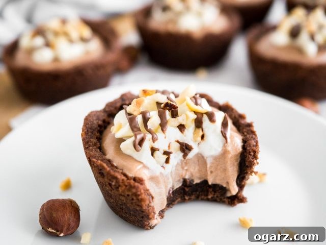 Decadent Nutella Mousse Cookie Cups 6 A white plate with a Nutella Mousse Cookie Cup, a bite taken out, garnished with hazelnuts. More cookie cups are in the background.