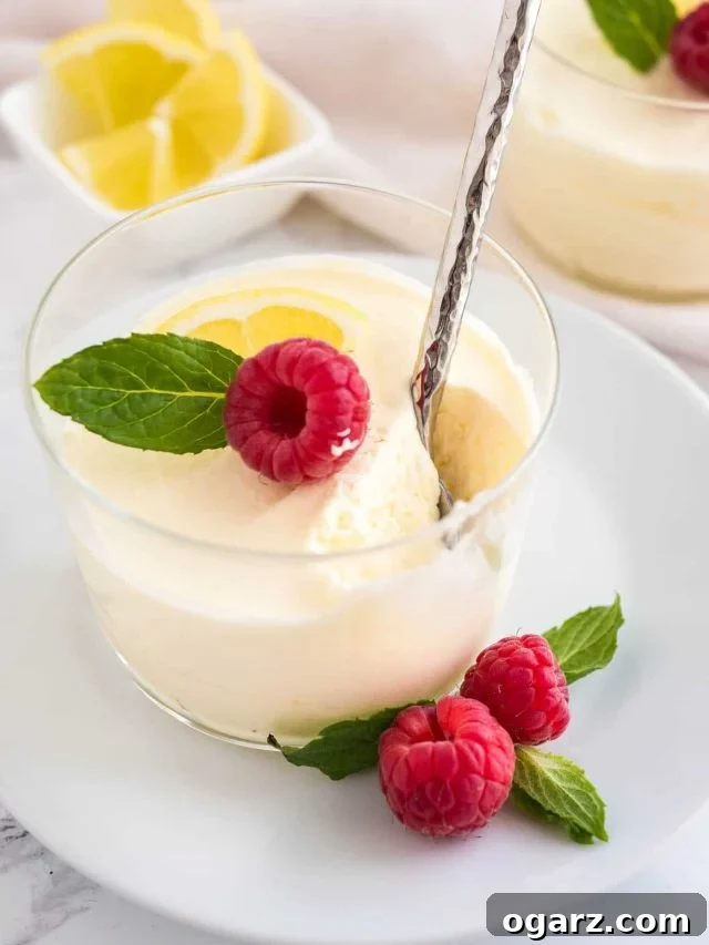 Light and Fluffy Lemon Mousse 2 A glass of lemon mousse, garnished with mint, raspberries and lemon slices on a white plate with a spoon. There is a white bowl with lemon slices and more glasses of mousse in the background.